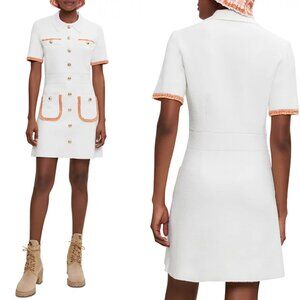 NWT Maje Risal Mini Dress EcruWhite Contrast Fray Trim Knit Shirt Collar Buttons